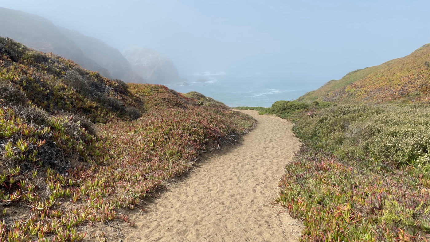 picture of a sandy pathway to the beach from the trail to Rodeo Beach