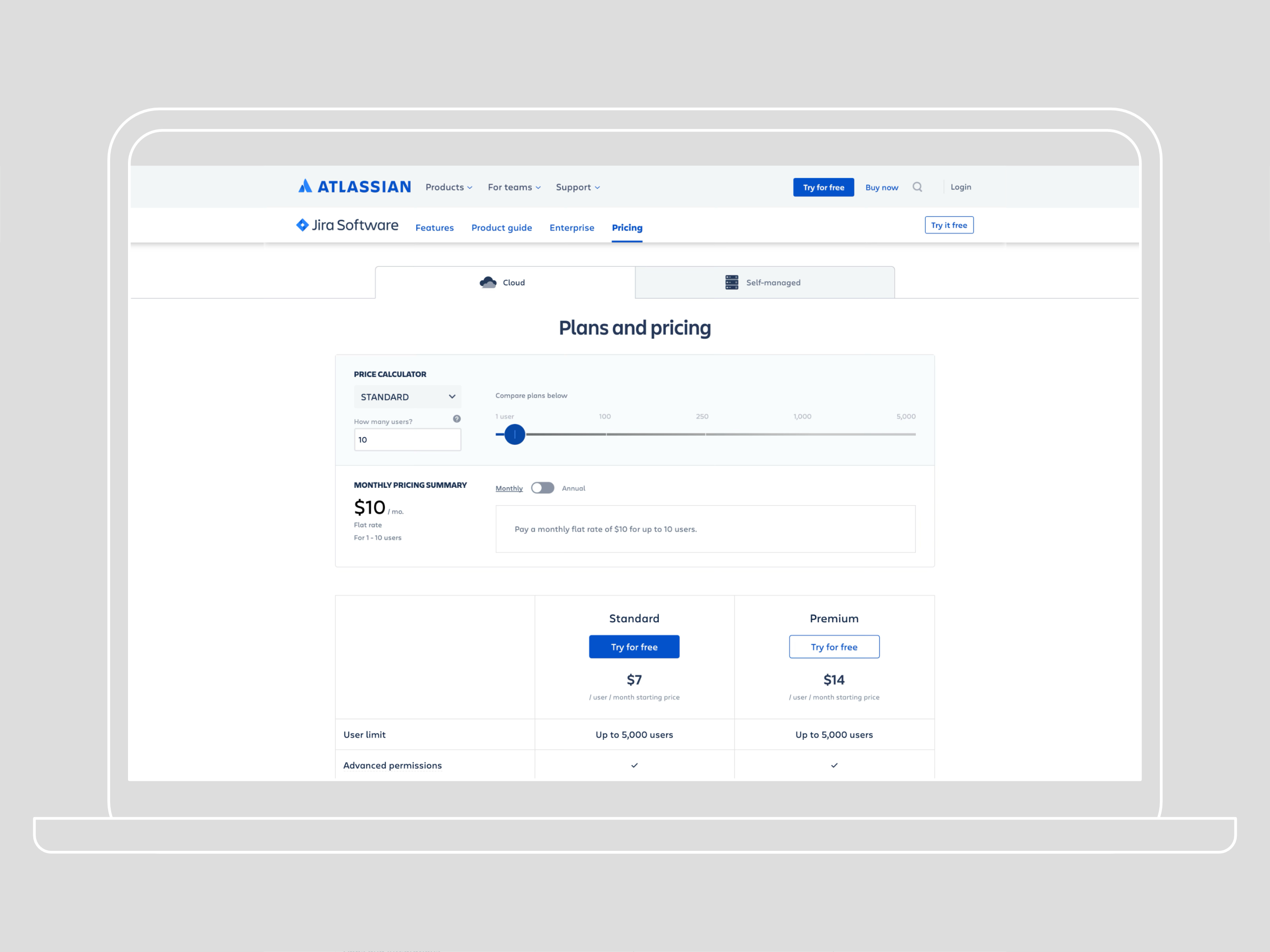 laptop screen with Atlassian buyer experience for Jira Software cloud plans featuring a pricing calculator