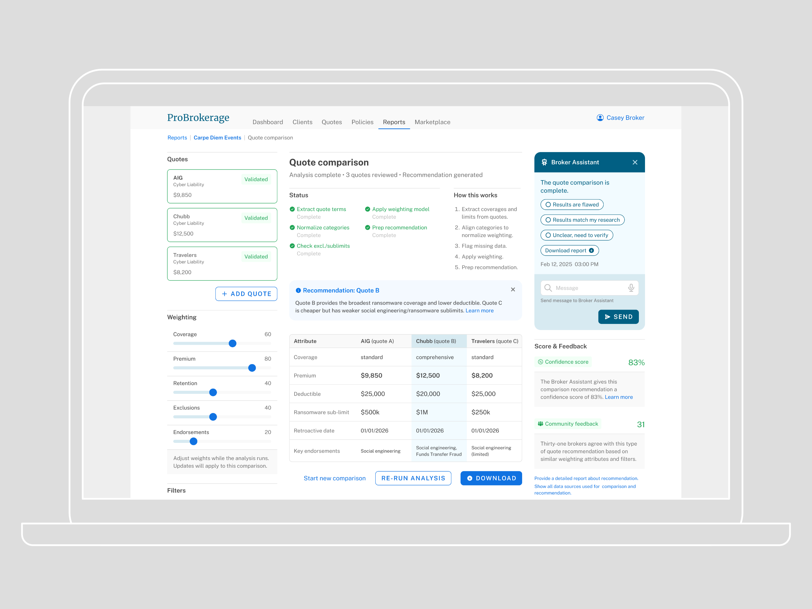 picture of a wireframe for proposed AI-enabled broker assistant displaying a comparison for five insurance quotes