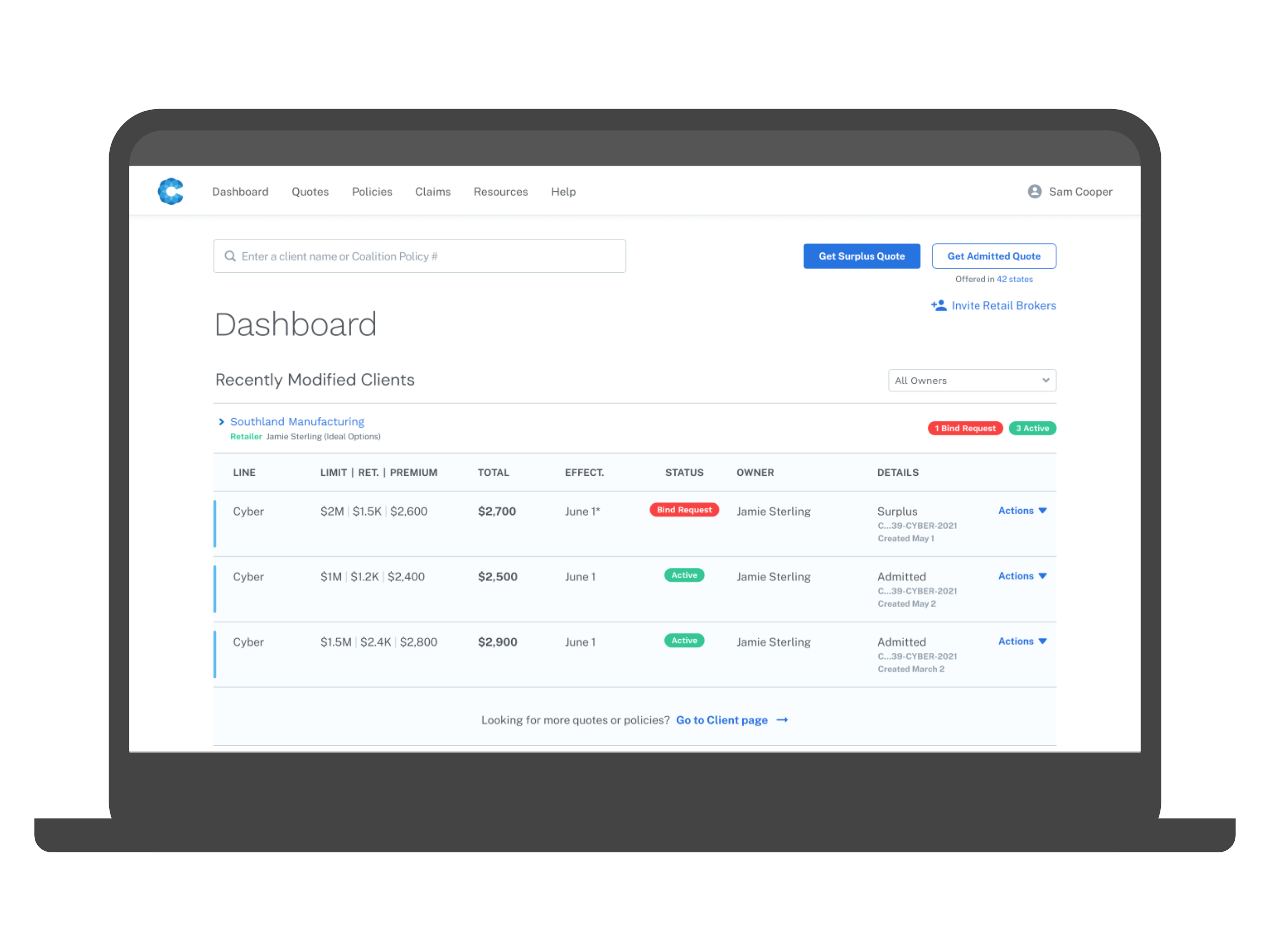 laptop screen with insurance broker platform displaying recently modified clients dashboard