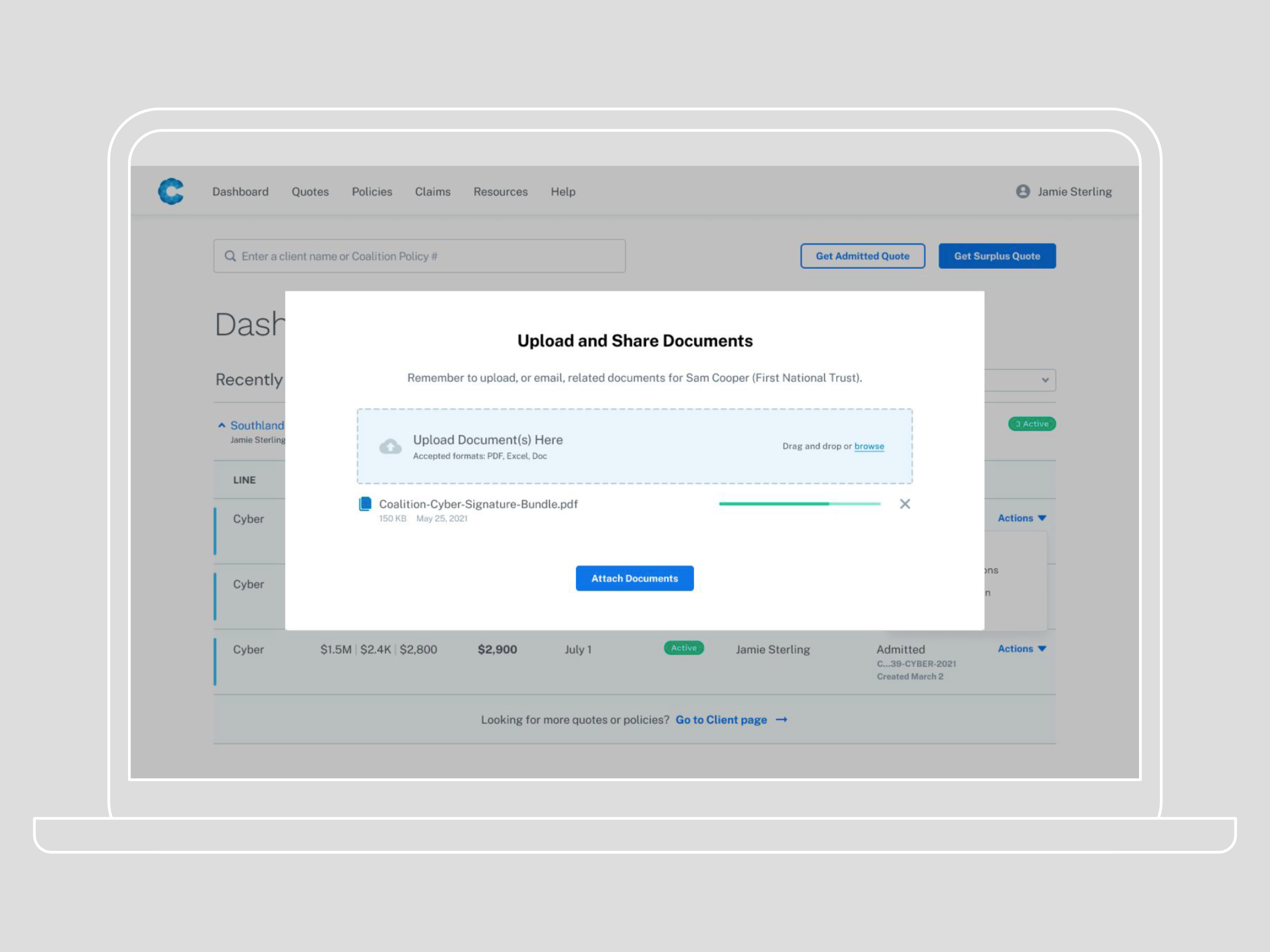 laptop screen with insurance broker platform displaying modal to upload and share documents for review