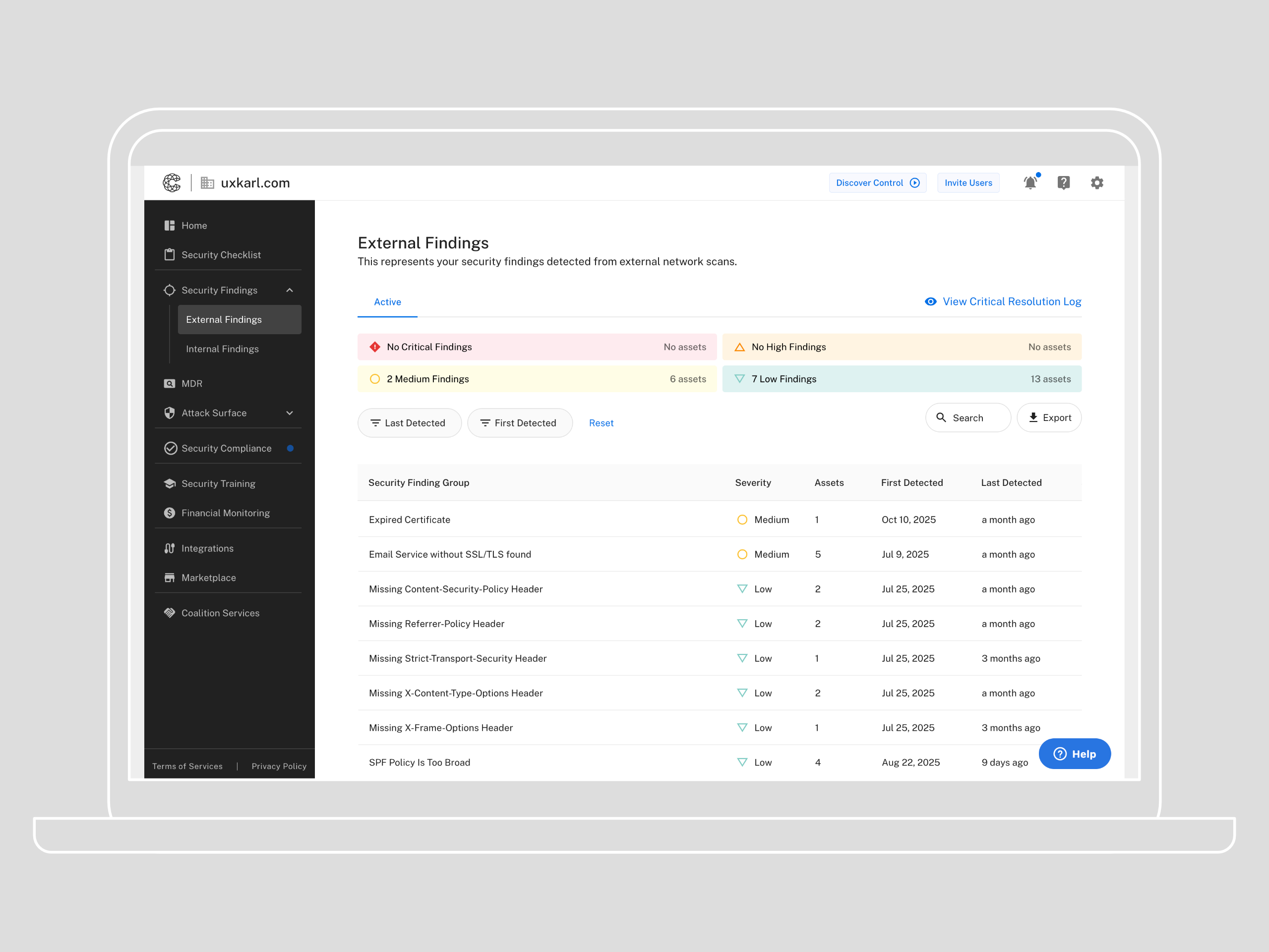laptop screen with the external security findings page
