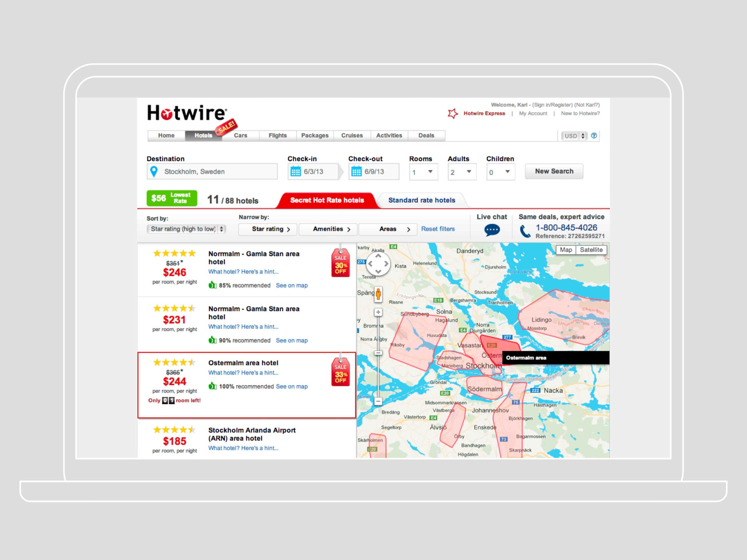 laptop showing the Hotwire Hotels user interface featuring mapped search results