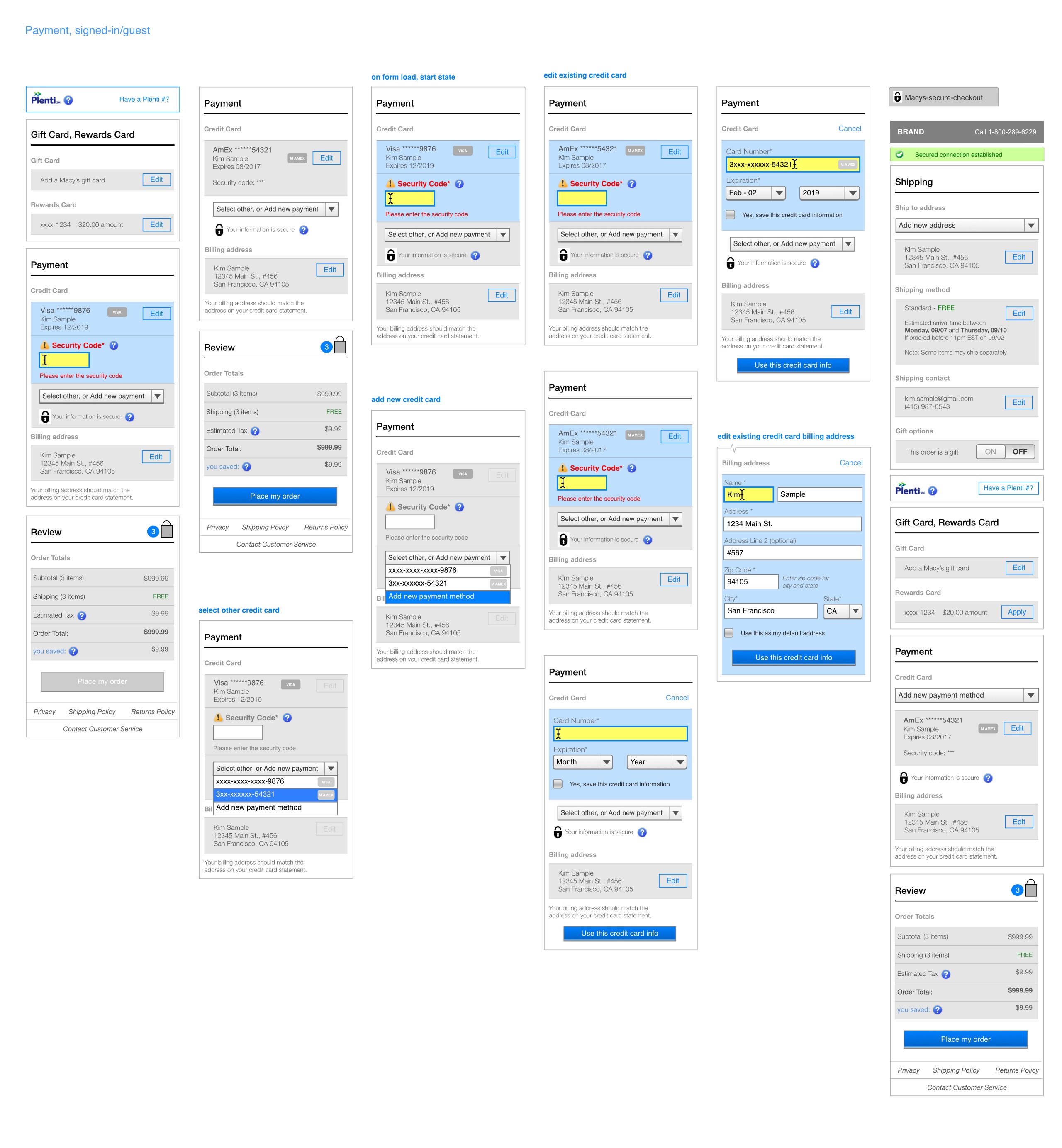wireframe showing payments states for signed-in and guest checkout