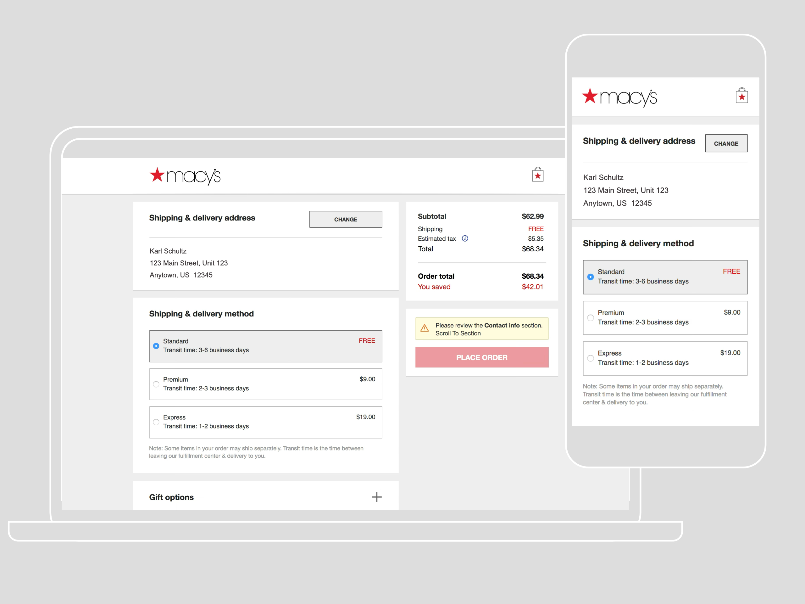 picture showing the Macys checkout experience on laptop and mobile screens