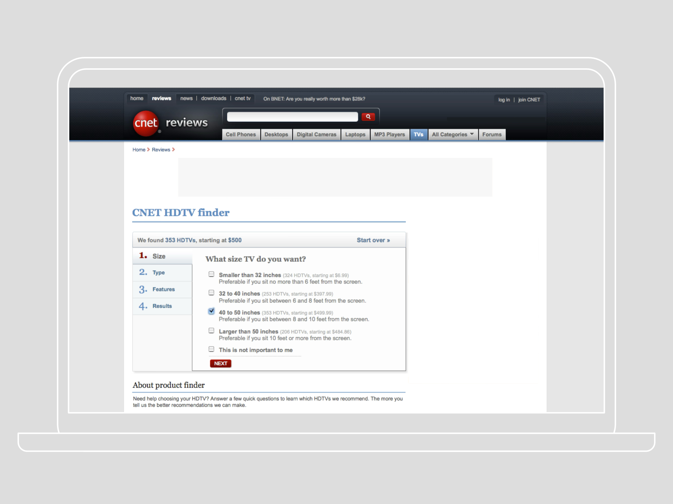 laptop with CNET Reviews TV product finder featuring in-line questions to help consumer narrow down the best product choices