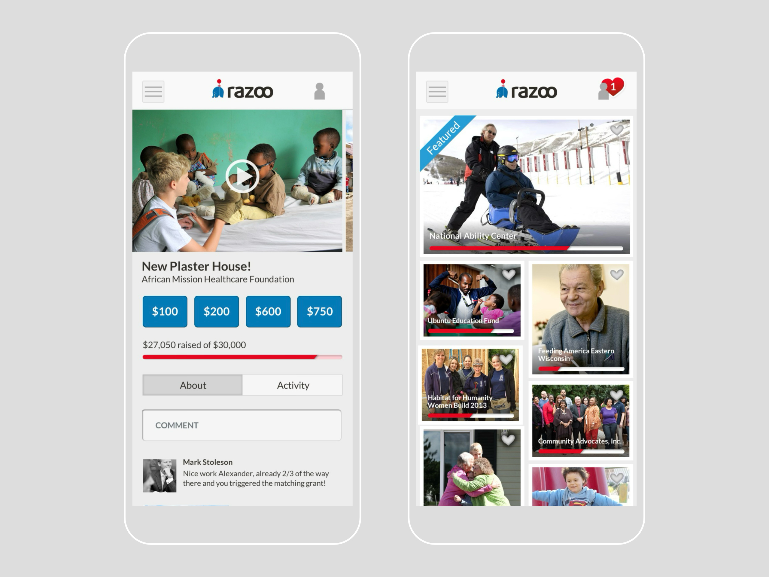 picture showing rapid prototypes of concepts to test mobile product designs for Razoo
